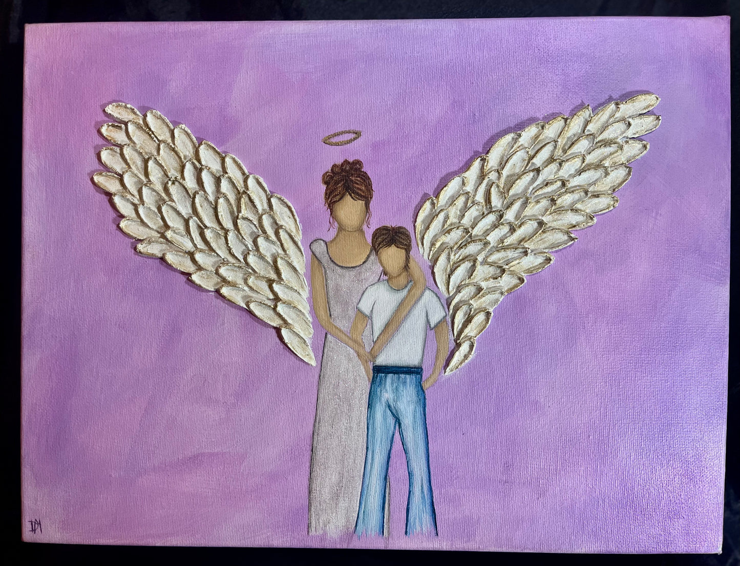 Painting of an angel with large white and gold wings protecting a boy on a purple background