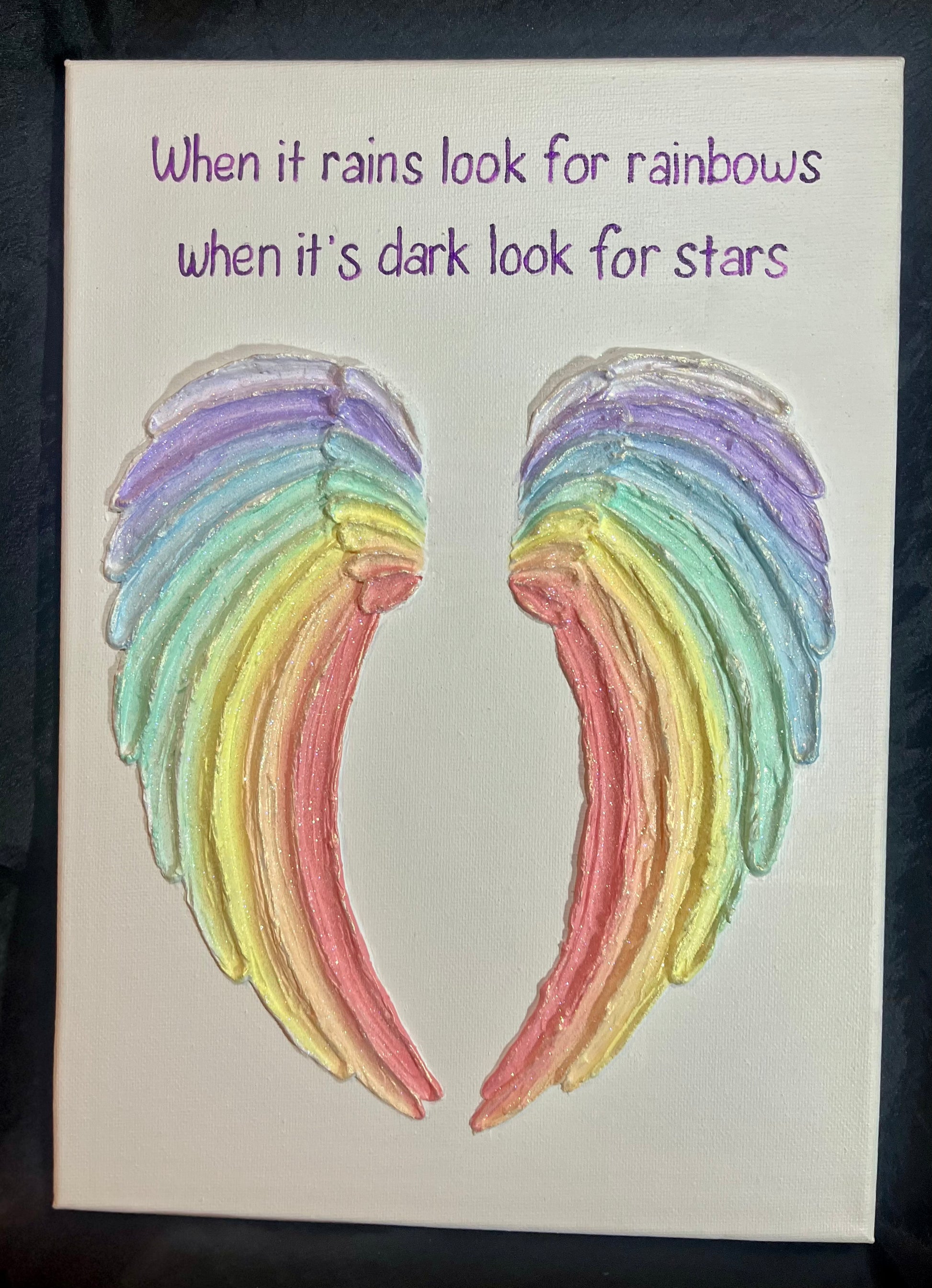 Rainbow/chakra angel wings with a motivational quote on a white background