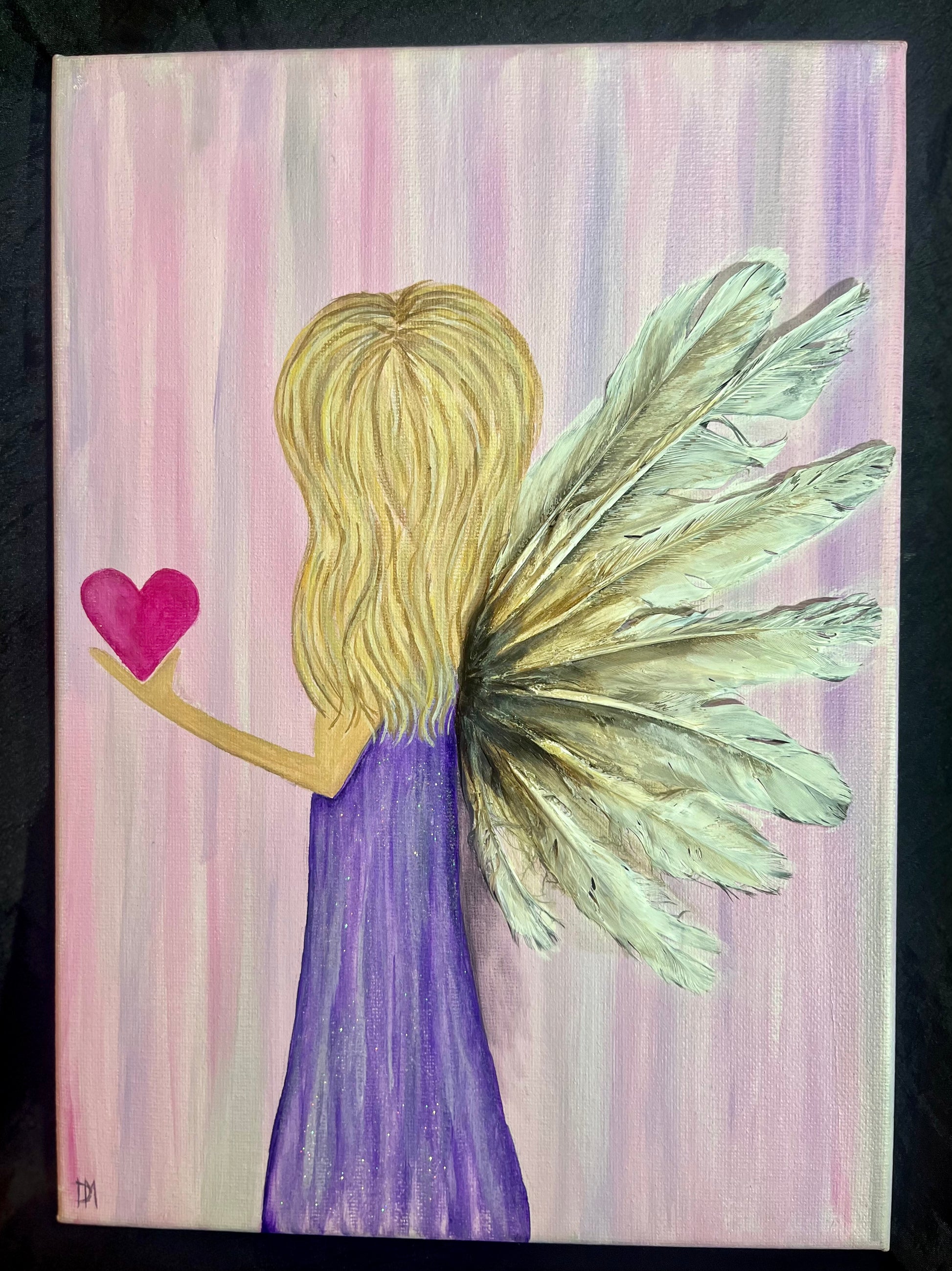 Painting of a fairy/angel holding a heart against a striped background, with real feather detail